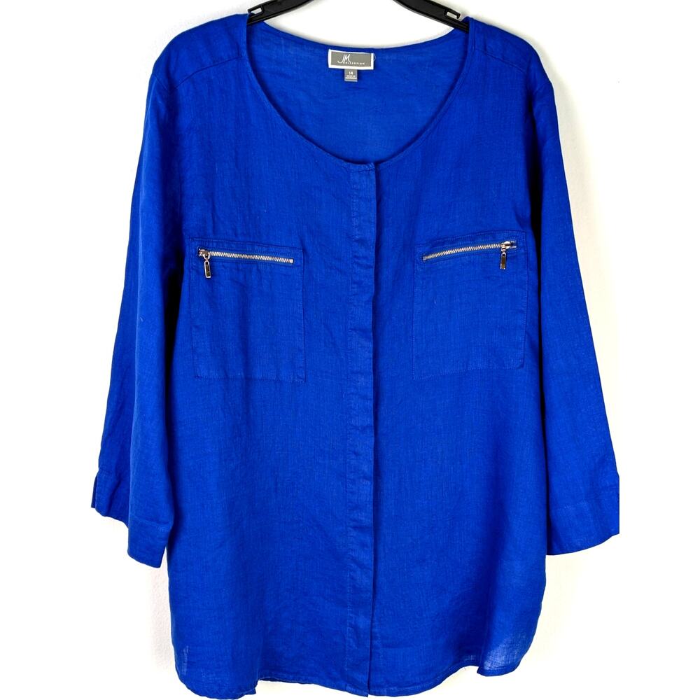 JM Collection 100% Linen TunicBlouse Sz 14 royal Blue Zip Pockets 3/4 Sleeve EUC